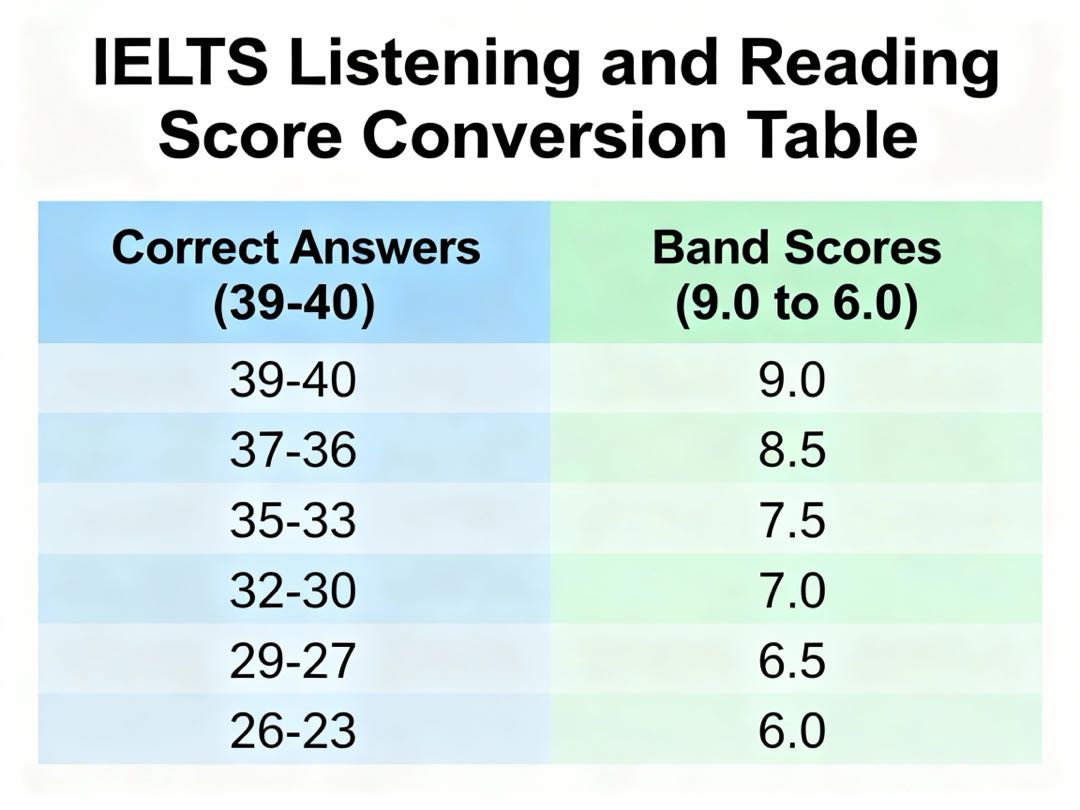 IELTS listening and reading score conversion table showing correct answers to band scores