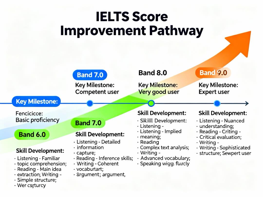 IELTS score improvement pathway showing progression from 6.0 to 9.0 with key milestones