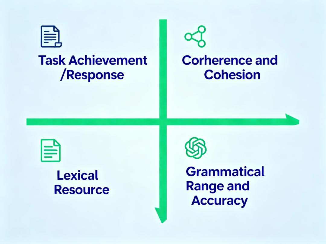 IELTS writing assessment criteria showing four dimensions with quadrant design
